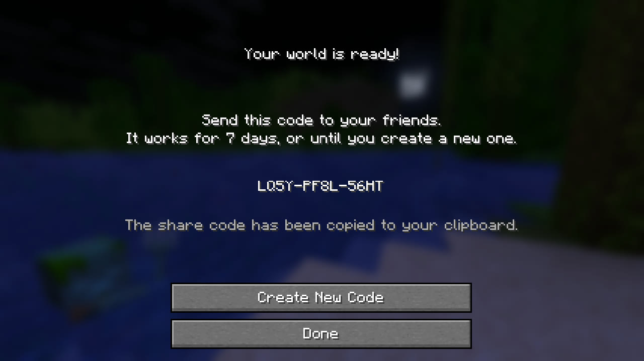 The screen after creating a world, showing an invite code to send to friends